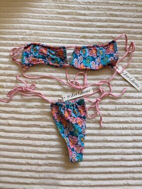 For Love & Lemons Floral String Bikini Top and Bottom - Pink & Blue ☀️